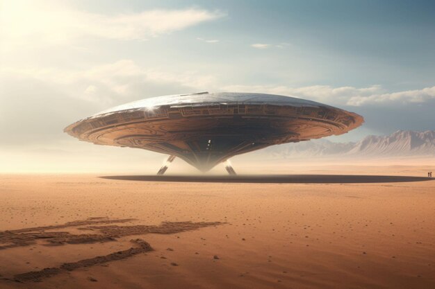 Platillo volador ovni alienígena Nave espacial volando sobre un desierto Ilustración generada por IA