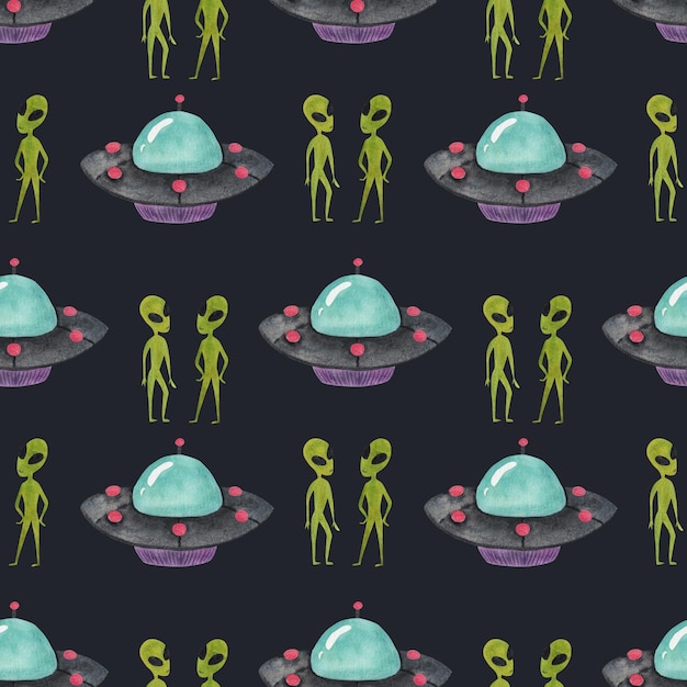 Platillo volador OVNI y extraterrestres Ilustración acuarela en estilo de dibujos animados Patrón sin costuras