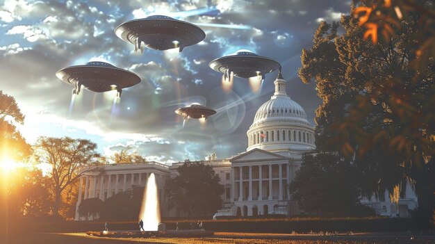 Foto platillos voladores extraterrestres flotando sobre el edificio del capitolio