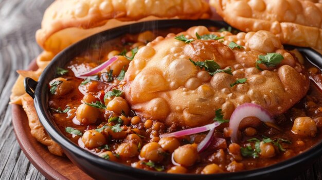 Foto un plato abundante de chole bhature con pan frito esponjoso y garbanzos con especias