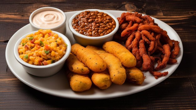 Un plato de acarajAC, una comida callejera brasileña con fritters de guisantes fritos