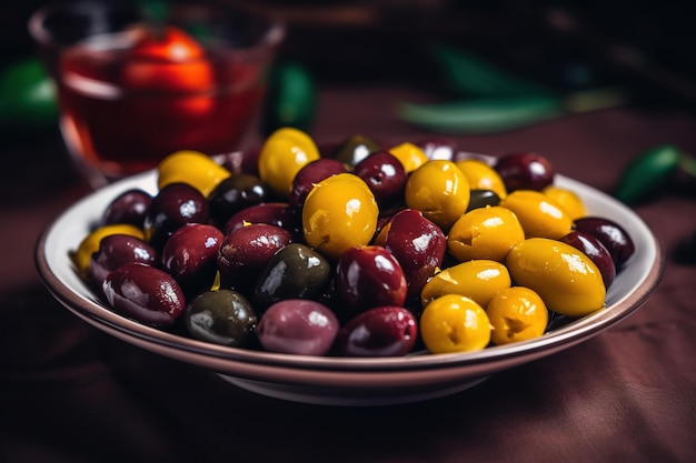 Un plato de aceitunas en una mesa