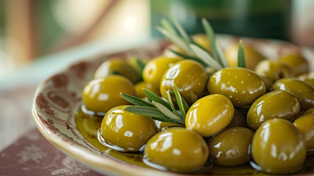un plato de aceitunas verdes con una botella de aceite de oliva