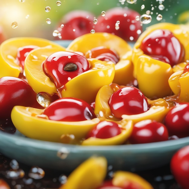 Foto plato de agua ackee salpicado con fondo natural de colores