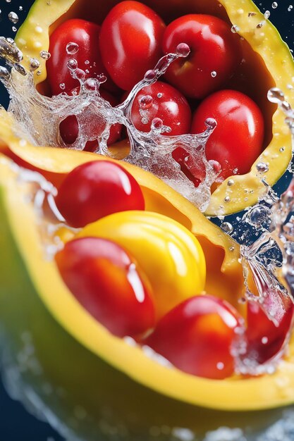 Foto plato de agua ackee salpicado con fondo natural de colores