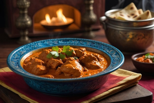 Un plato al vapor de pollo con mantequilla servido con naan br