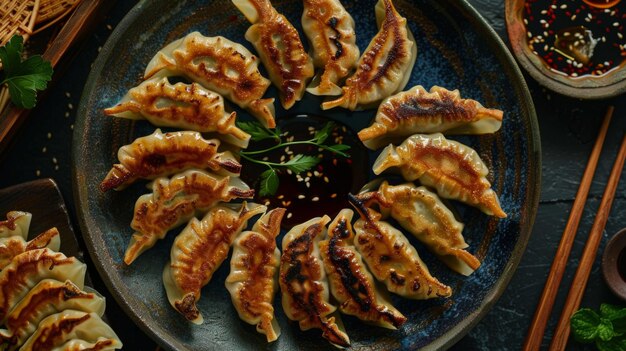 Foto un plato de albóndigas gyoza perfectamente fritas y servidas con una salsa picante