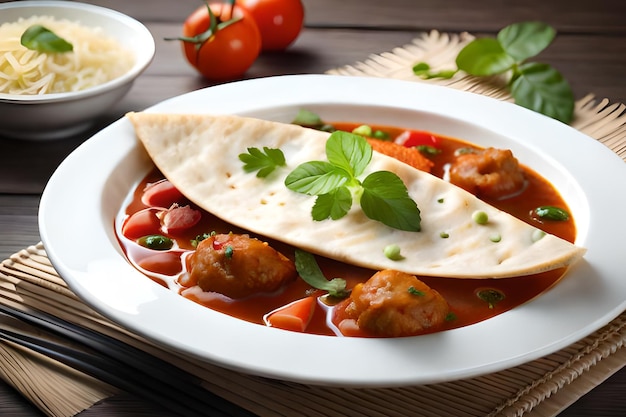 Un plato de albóndigas y un pan de pita con salsa.