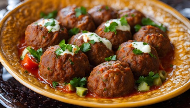 un plato de albóndigas con perejil en la parte superior