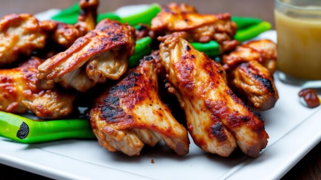 Un plato de alitas de pollo a la barbacoa con judías verdes al lado