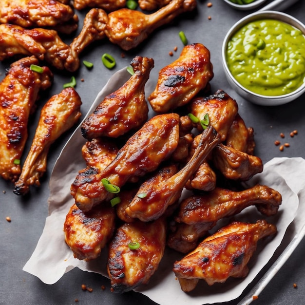 Un plato de alitas de pollo a la barbacoa con salsa verde al lado.