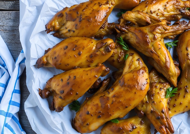 Un plato de alitas de pollo con guarnición de hierbas verdes.