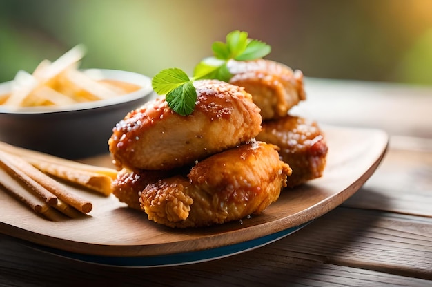 Foto un plato de alitas de pollo con un plato de salsa para mojar.