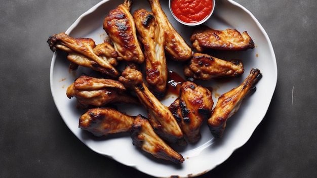 Un plato de alitas de pollo con salsa roja.