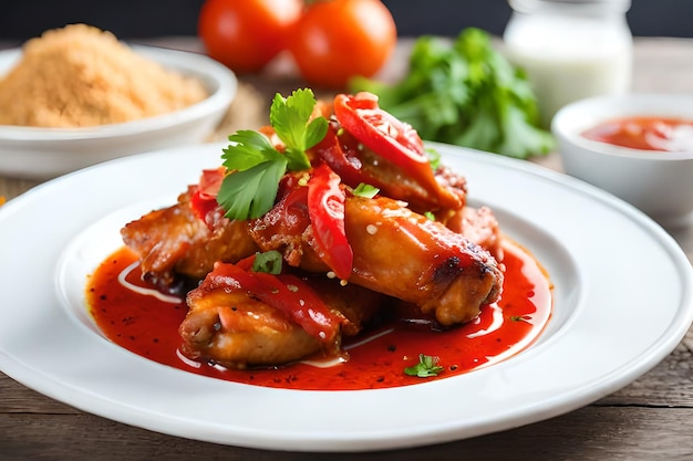 Un plato de alitas de pollo con salsa de tomate