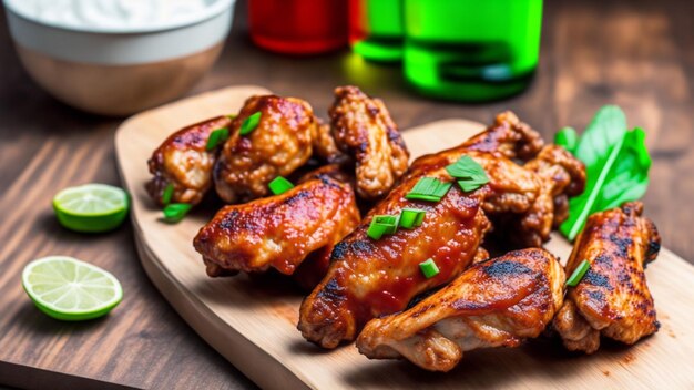 Foto un plato de alitas de pollo con vasos verdes al lado.