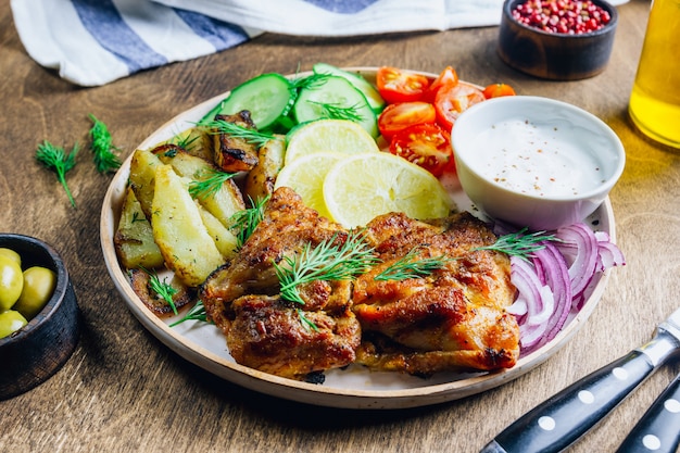 Plato de almuerzo con pollo a la parrilla, cebolla roja, tomate, pepino, limón, aceituna y salsa