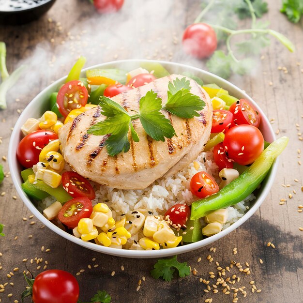 Un plato de almuerzo saludable con arroz de pollo a la parrilla y verduras