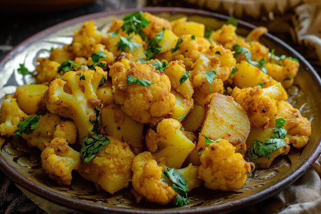 Un plato de aloo gobi un plato vegetariano hecho con patatas coliflor y especias indias