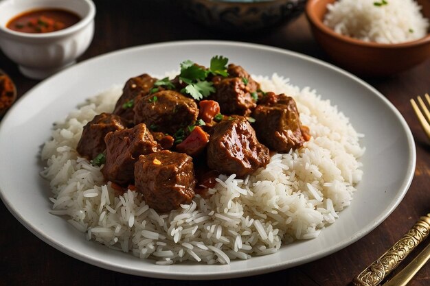 Foto un plato de aloo gosht servido con arroz de coco