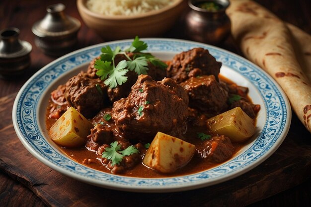 Foto un plato de aloo gosht servido con chapati