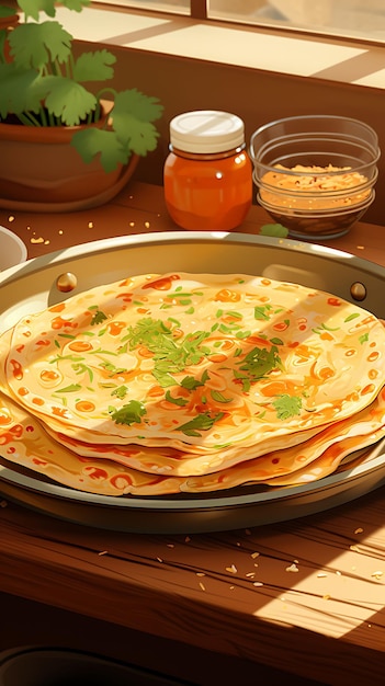 Plato Aloo Paratha con pepinillos en mantequilla Colores hogareños y cálidos Diseño de cultura culinaria de la India Sitio web