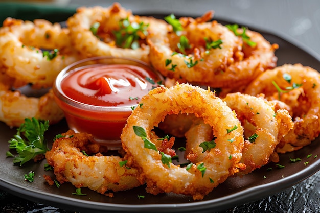 Un plato de anillos de cebolla frita con ketchup y perejil en el lado con un pequeño cuenco de comida de ketchup