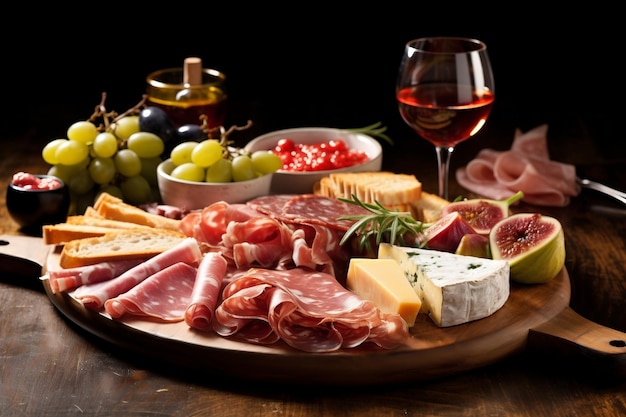 Un plato de antipasto con salami de jamón, queso y aceitunas Generative Ai