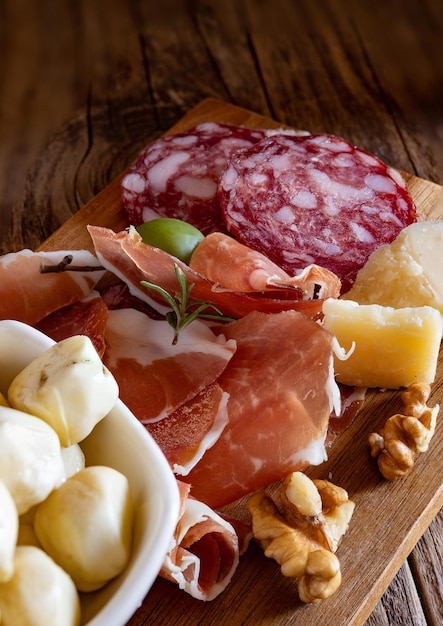 Plato de antipasto típico italiano con embutidos y quesos