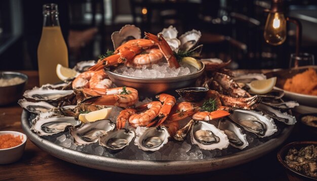 Un plato de aperitivo de mariscos gourmet con gambas al vapor y cigalas generado por IA