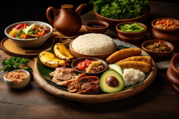 Un plato de arroz aguacate carne y verduras IA generativa