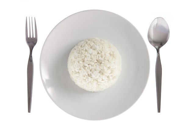 Plato de arroz aislado sobre fondo blanco.