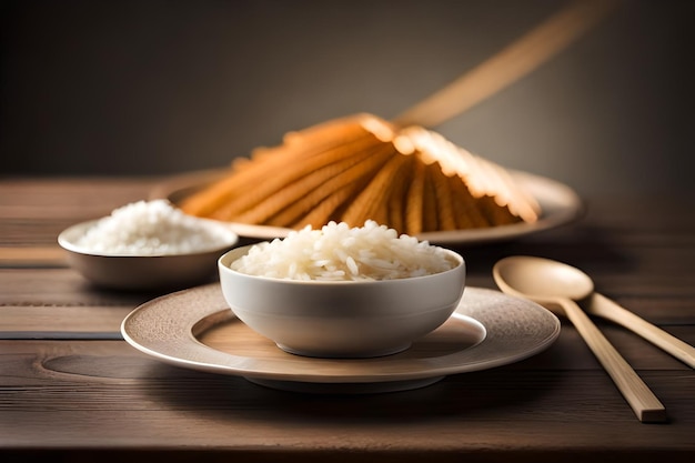 un plato de arroz y arroz con una cuchara en una mesa.