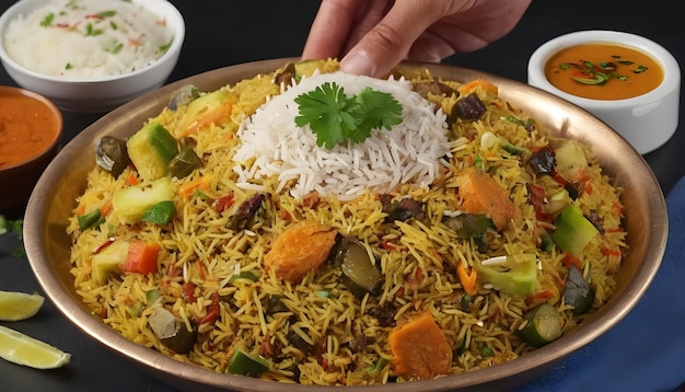 un plato de arroz con arroz y verduras se sirve en una sartén Biryani servido