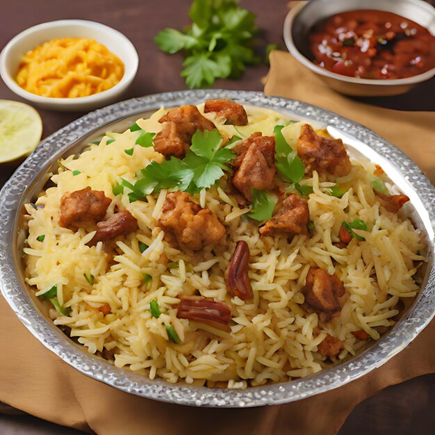 un plato de arroz con carne y arroz y un lado de kebab