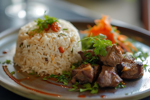 Plato con arroz y carne en él capturado en la cocina