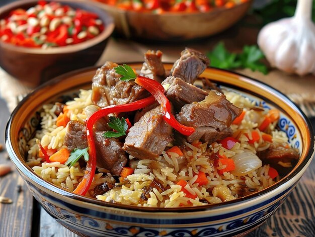 un plato de arroz con carne y verduras y arroz