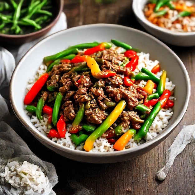 un plato de arroz con carne, verduras y arroz