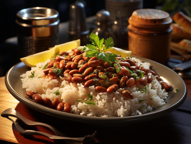 Un plato de arroz con frijoles y arroz.