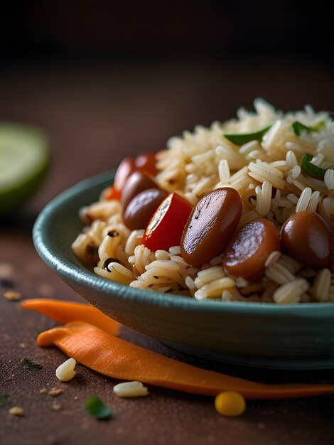 Foto un plato de arroz con frijoles y arroz