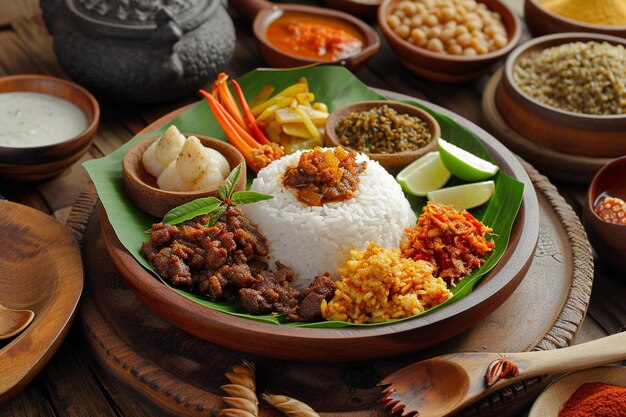 un plato con arroz, frijoles, zanahorias y otros alimentos