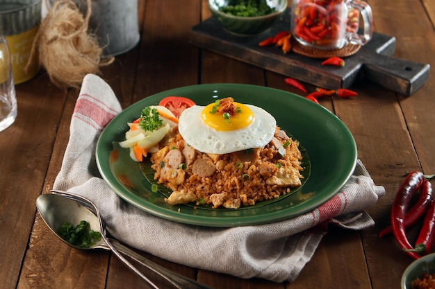 Foto un plato de arroz frito con un huevo frito encima.