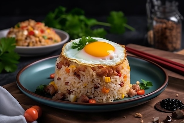 Un plato de arroz frito con un huevo frito.