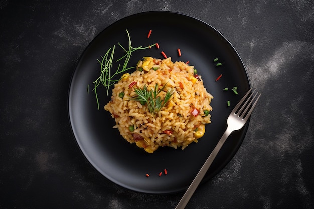 Un plato de arroz frito con palillos y una taza de ramen detrás