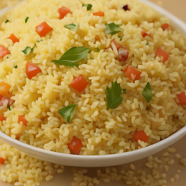 Foto un plato de arroz con una guarnición verde en el lado