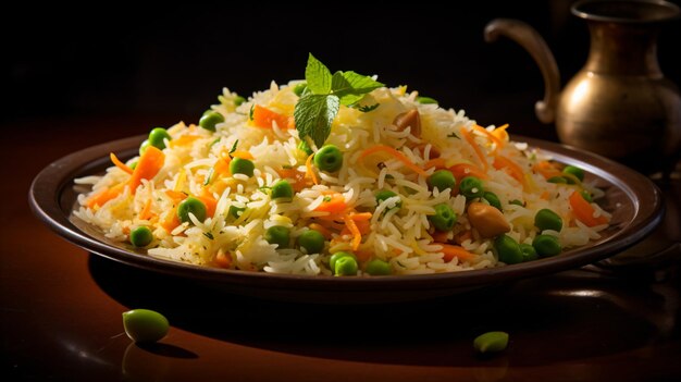un plato de arroz con guisantes y zanahorias