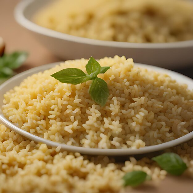 un plato de arroz con una hoja de menta en él