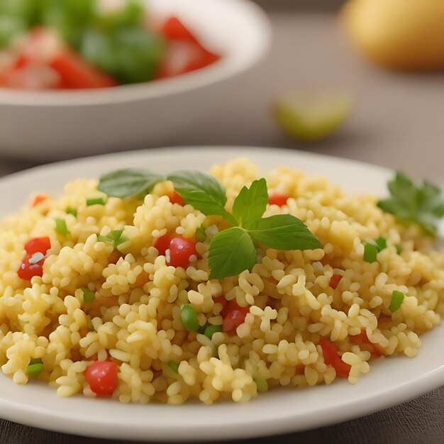 un plato de arroz con una hoja verde en él