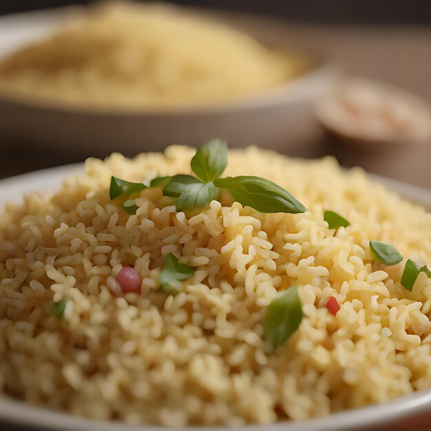 Foto un plato de arroz con una hoja verde en la parte superior