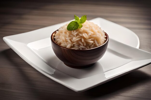 un plato de arroz con una hoja verde en la parte superior